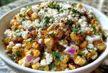 A close-up of a vibrant street corn salad featuring charred corn kernels, crumbled white cheese, red onion, and cilantro in a white bowl.