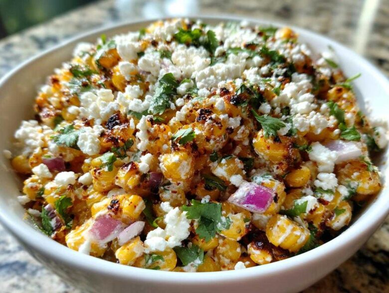 A close-up of a vibrant street corn salad featuring charred corn kernels, crumbled white cheese, red onion, and cilantro in a white bowl.