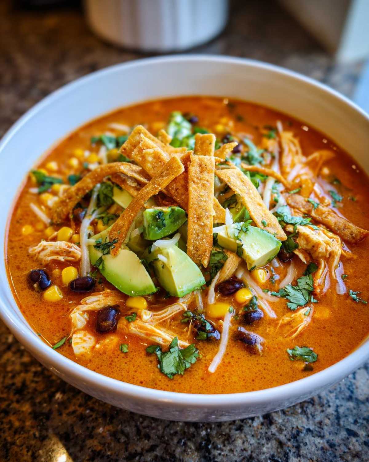 Close-up of a hearty bowl of tortilla soup recipe topped with shredded chicken, avocado, corn, black beans, and crispy tortilla strips.