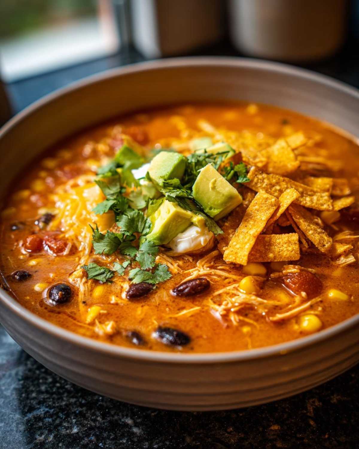 Close-up of a hearty bowl of tortilla soup recipe, topped with avocado, sour cream, cilantro, and tortilla strips.