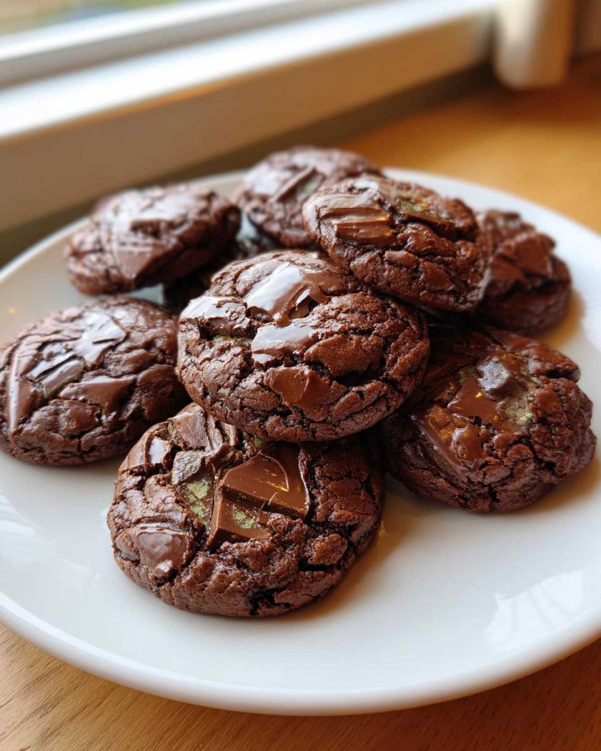 A pile of rich, dark chocolate Andes Mint Cookies with melted chocolate chunks on a white plate.