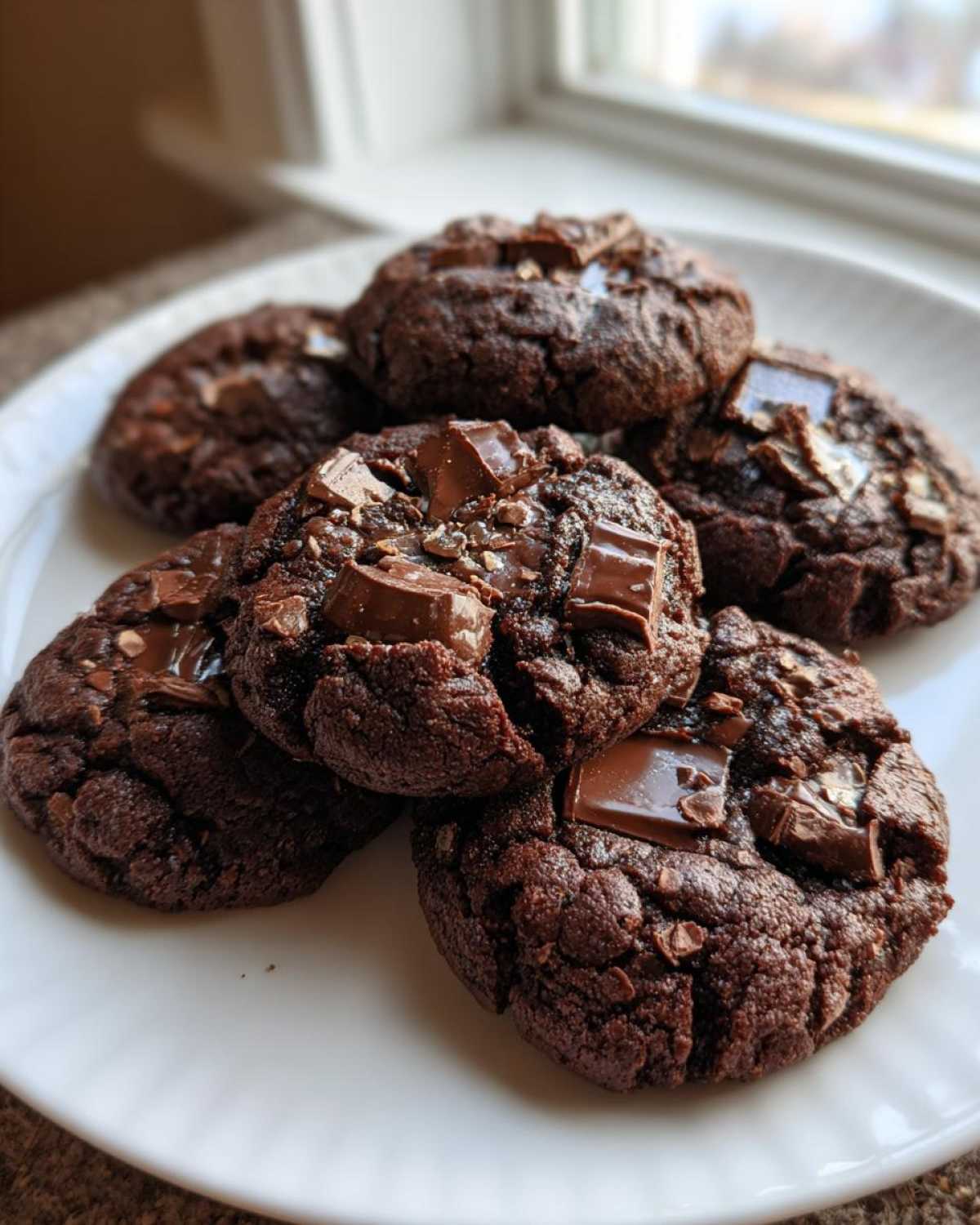 A close-up of several rich, dark chocolate Andes Mint Cookies piled on a white plate.