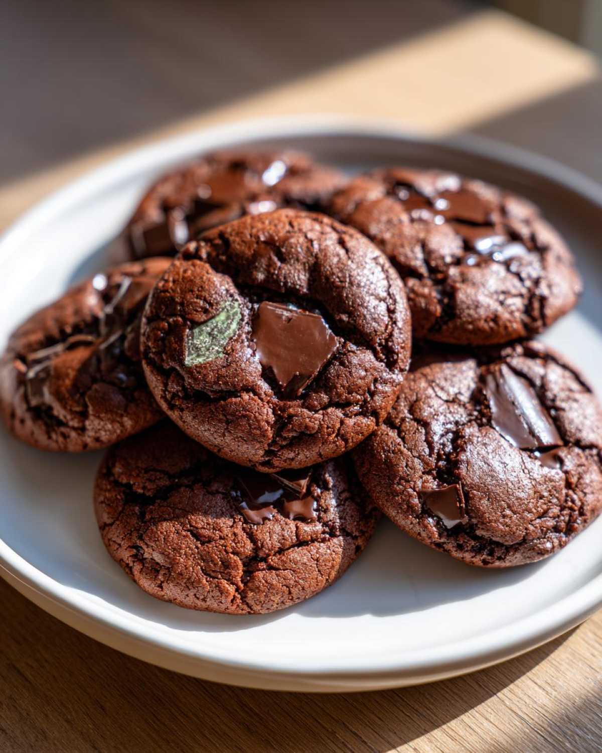 A pile of rich, dark chocolate Andes mint cookies with melted chocolate chunks on a white plate.