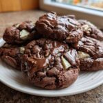 A stack of rich, fudgy Andes Mint Cookies with melted chocolate drizzle and visible mint chips.