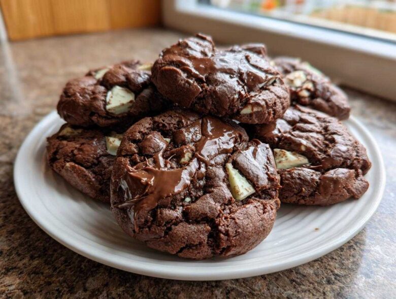 A stack of rich, fudgy Andes Mint Cookies with melted chocolate drizzle and visible mint chips.