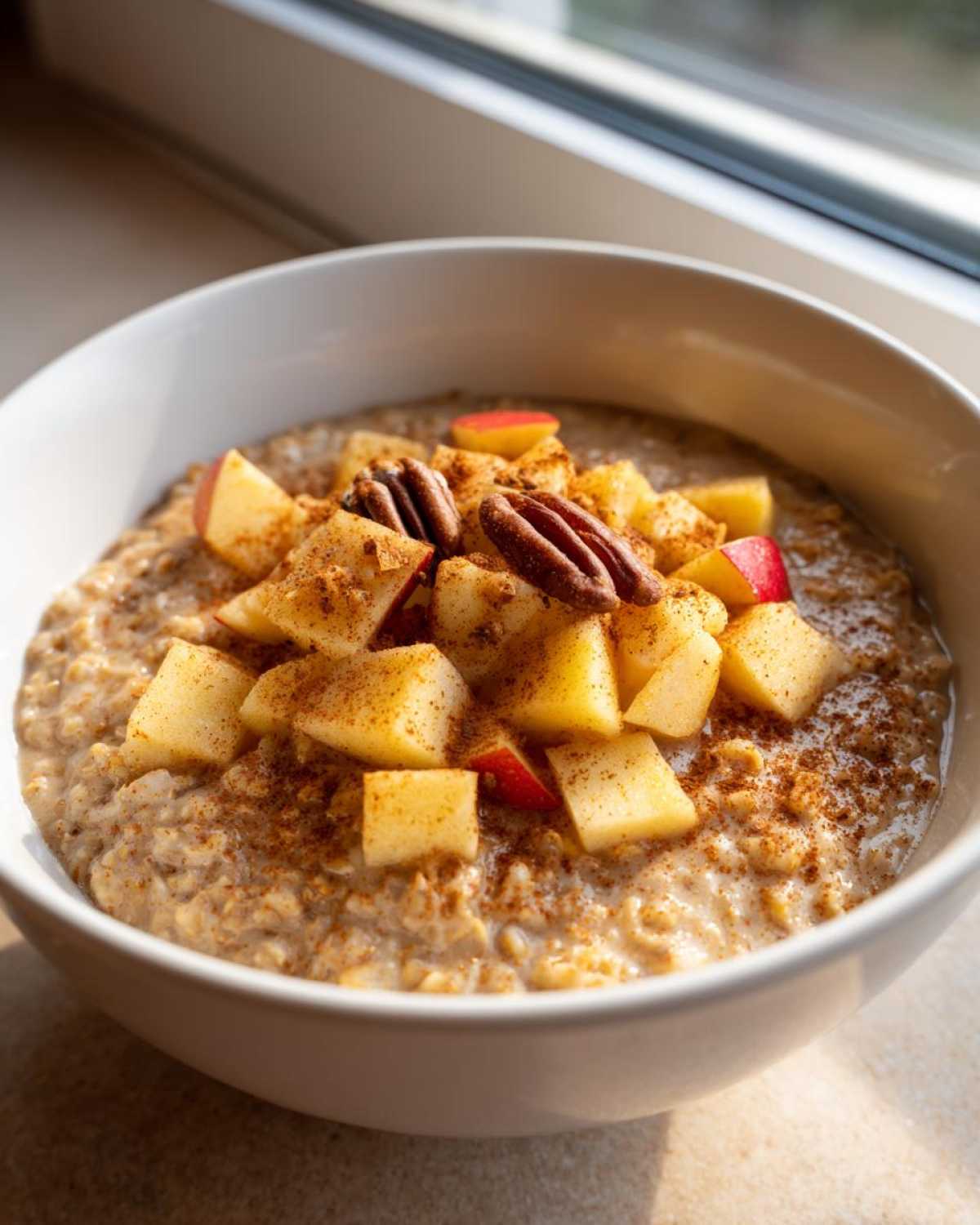 A close-up of a white bowl filled with creamy apple cinnamon oatmeal, topped with diced apples, pecans, and cinnamon.