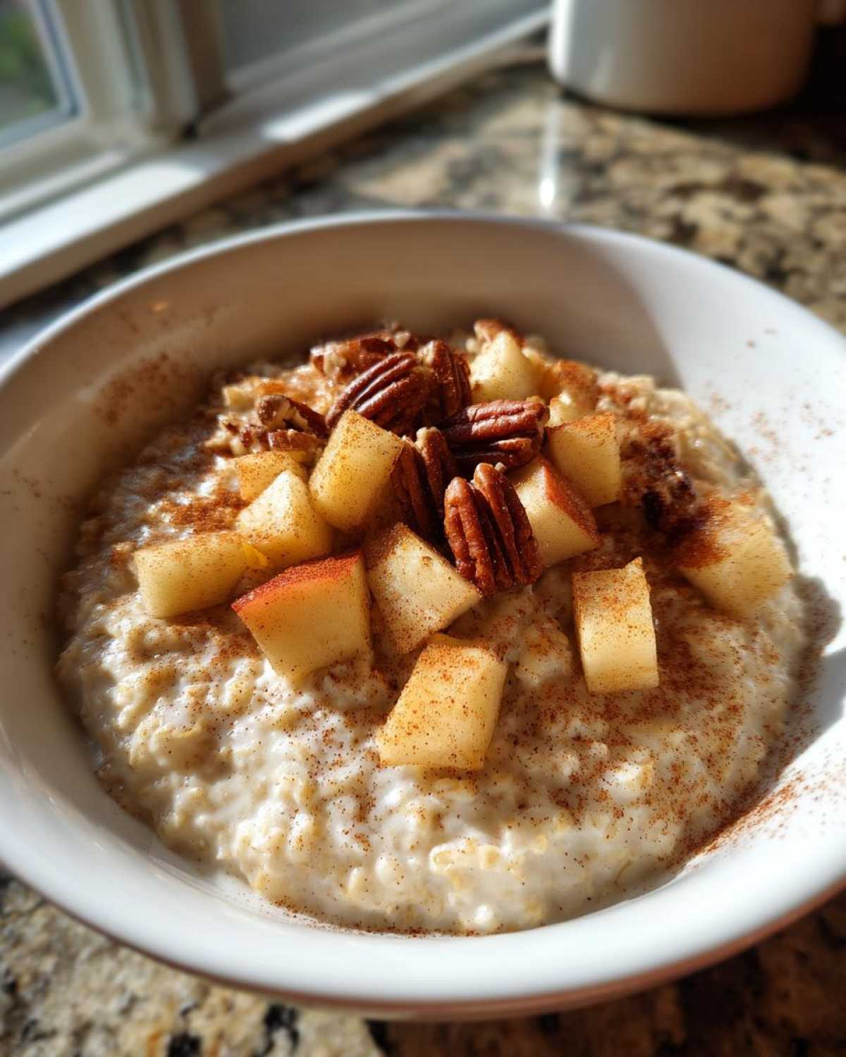 A close-up of creamy apple cinnamon oatmeal topped with diced apples, pecans, and a dusting of cinnamon.