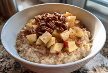 A close-up of a white bowl filled with creamy apple cinnamon oatmeal, topped with diced apples, pecans, and cinnamon.