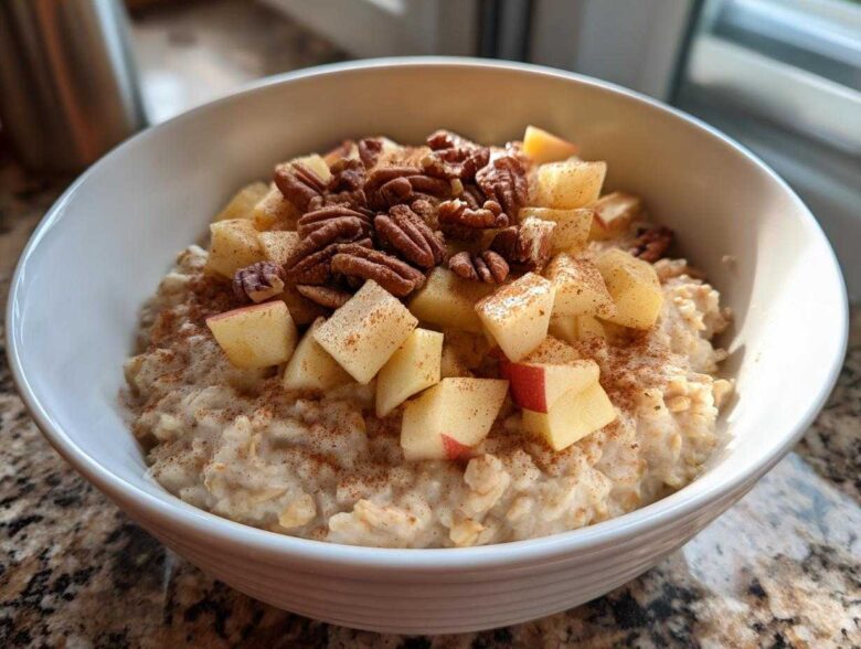 A close-up of a white bowl filled with creamy apple cinnamon oatmeal, topped with diced apples, pecans, and cinnamon.
