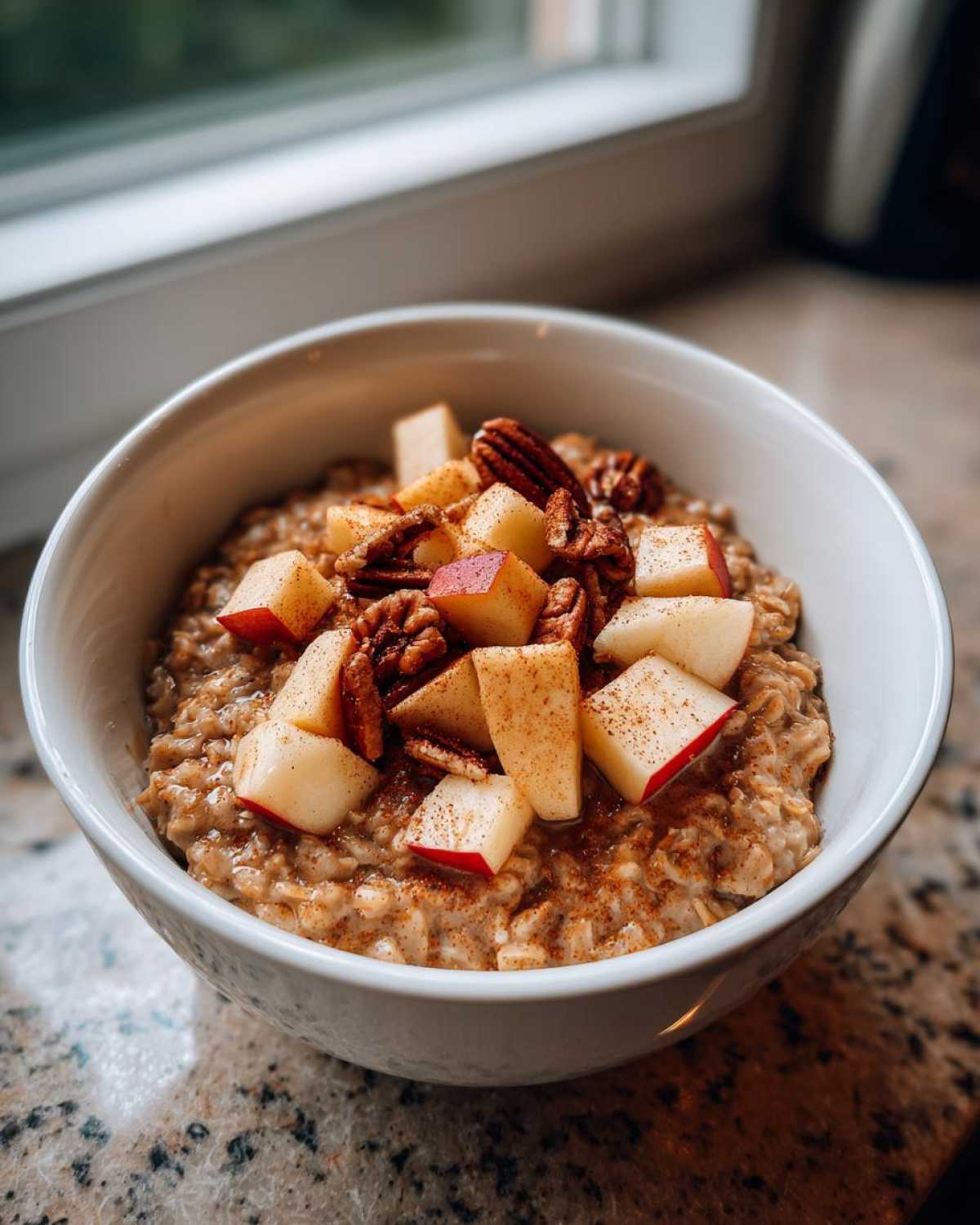 A close-up of apple cinnamon oatmeal topped with diced red apples, pecans, and sprinkled cinnamon.