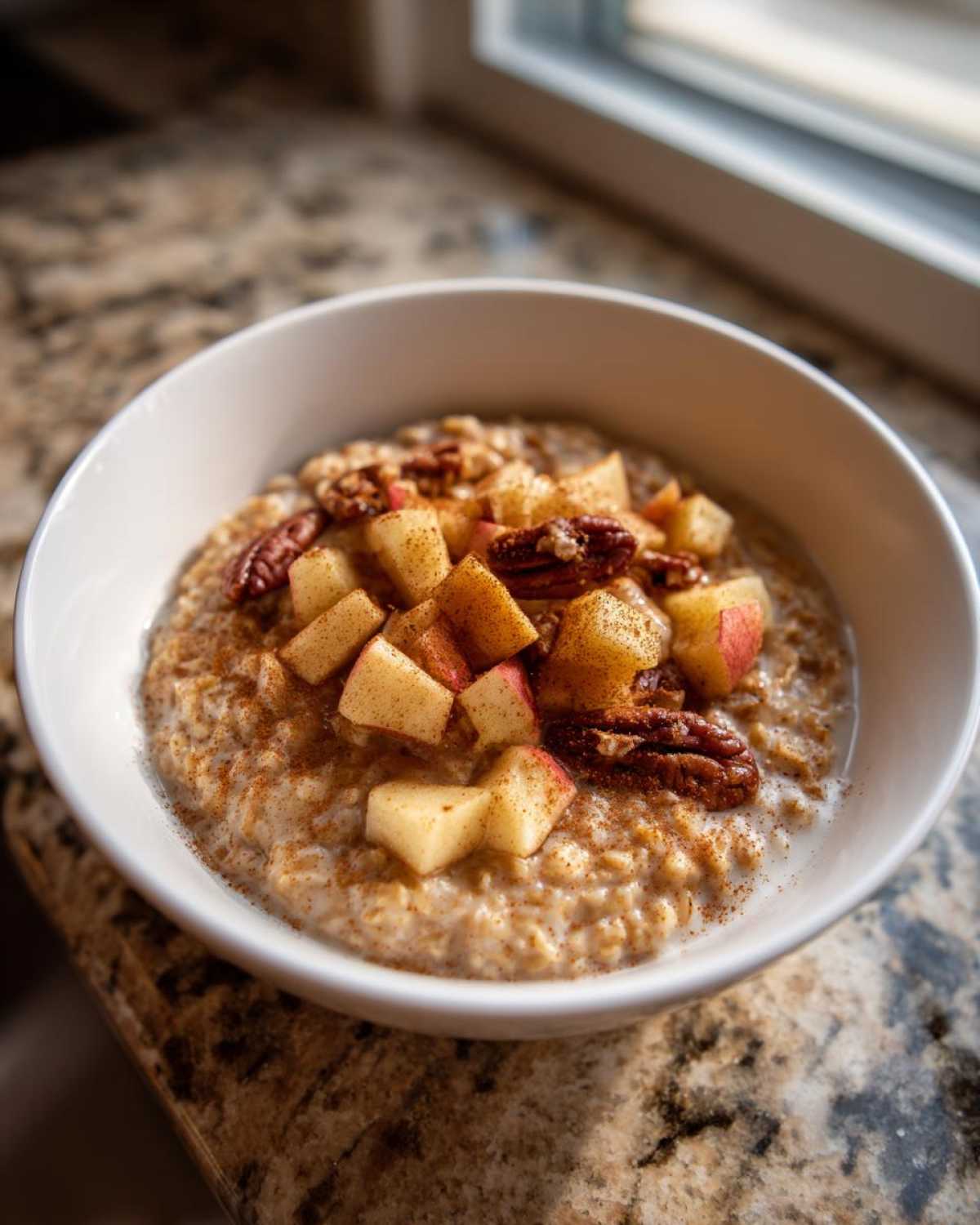 A white bowl filled with creamy apple cinnamon oatmeal, topped with diced apples, pecans, and cinnamon.