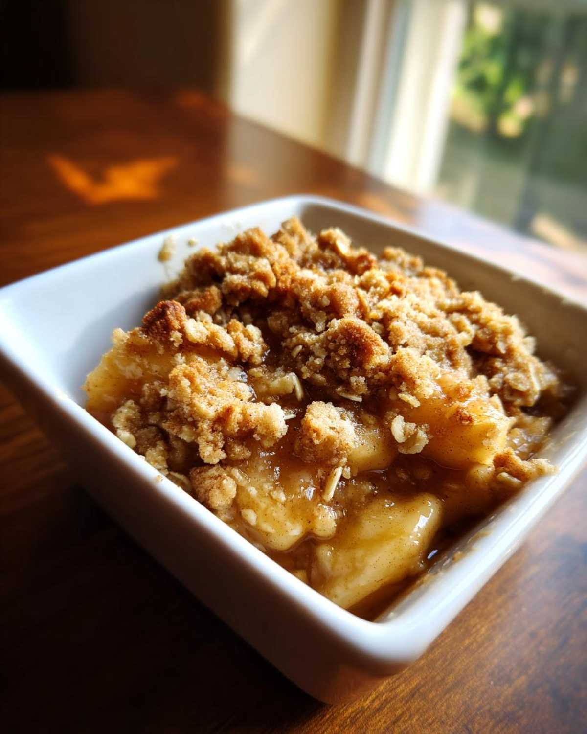 Close-up of a single serving of warm apple crisp recipe with a buttery, crumbly topping in a white square bowl.
