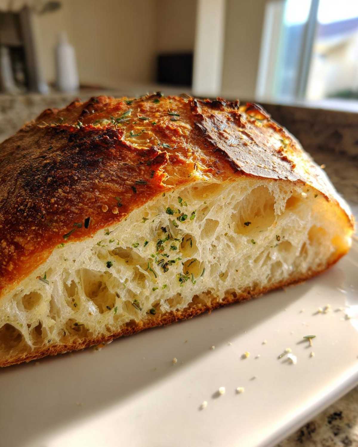 Close-up of a slice of artisan bread showing an open crumb structure and a dark, crispy crust sprinkled with herbs.