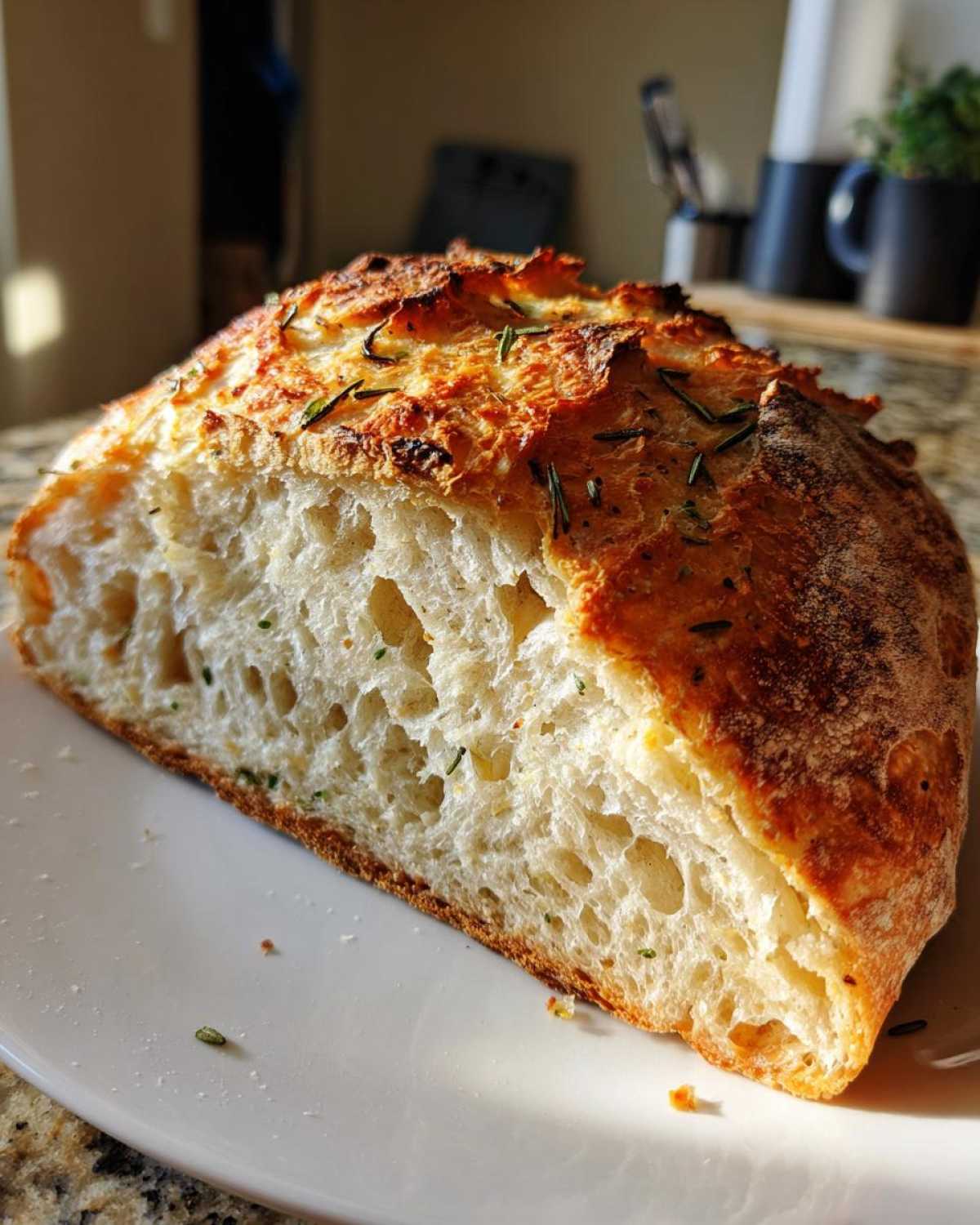 Cross-section of homemade artisan bread showing an open, airy crumb and a dark, herbed crust.