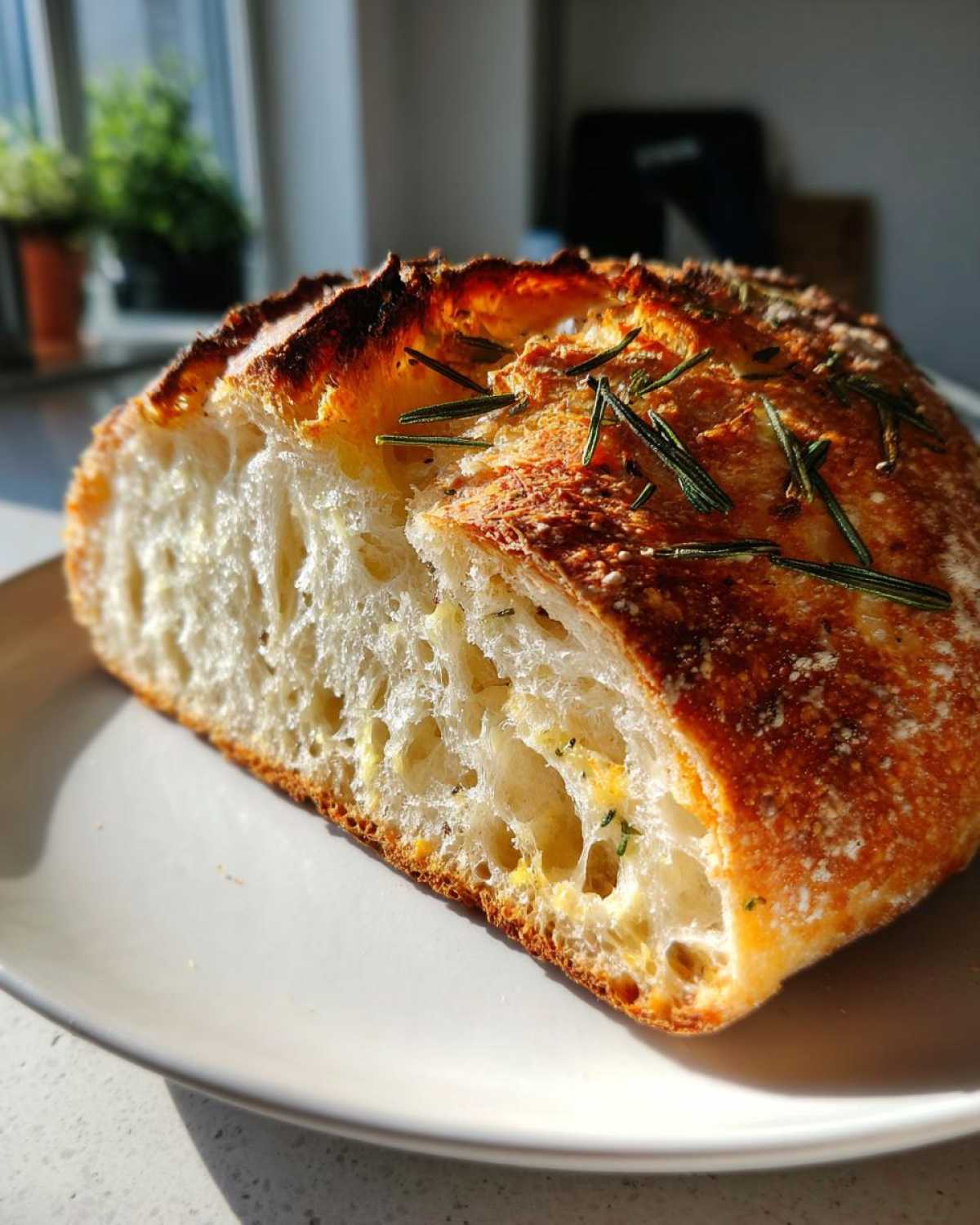 Close-up of a freshly baked artisan bread slice showing an open crumb and a dark, crusty top sprinkled with rosemary.