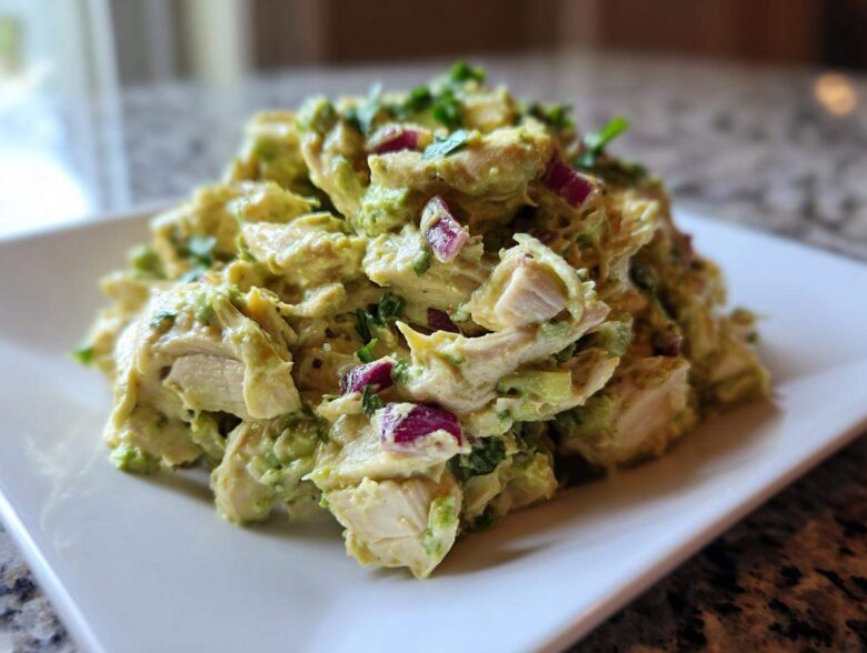 A mound of creamy avocado chicken salad featuring chunks of white meat chicken, red onion, and cilantro, served on a white rectangular plate.