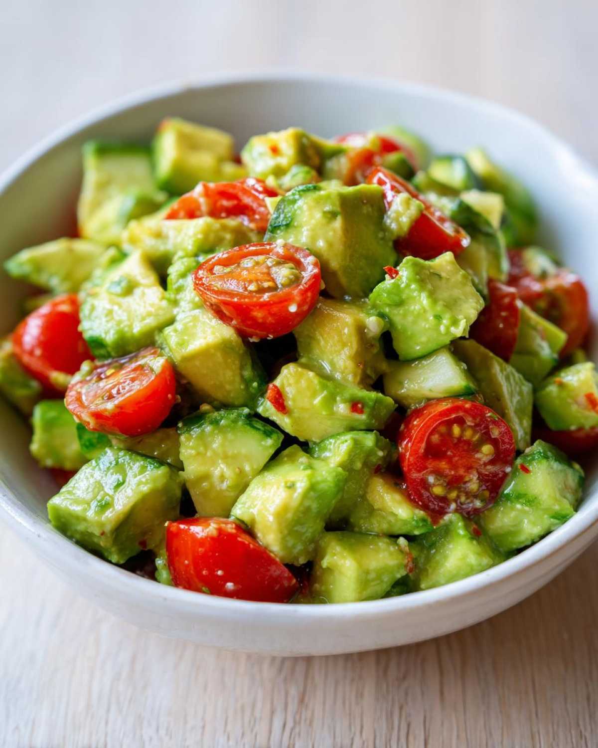 A close-up of vibrant green cubed avocado mixed with halved red cherry tomatoes in a white bowl, representing an amazing avocado salad.