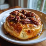 A golden baked brie in puff pastry topped with a sticky pecan glaze, served on a white plate.