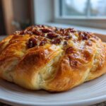 A golden brown baked brie in puff pastry topped with a glistening pecan and honey glaze, served on a white plate.