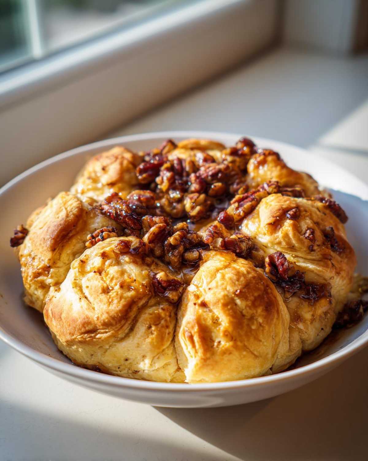 Golden baked brie in puff pastry, topped with a sticky pecan glaze, served in a white bowl.