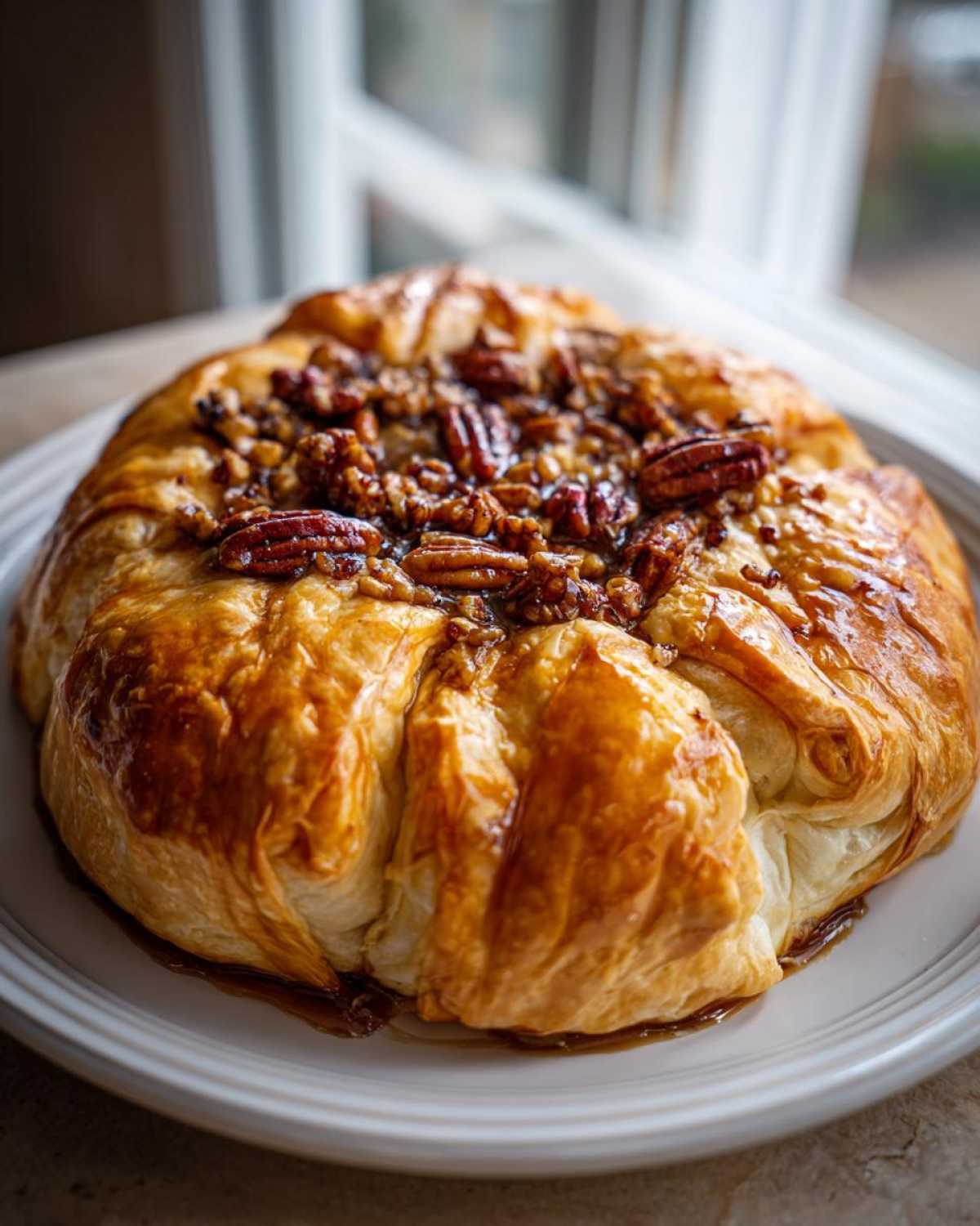 A golden brown baked brie in puff pastry topped with glazed pecans, ready to serve.