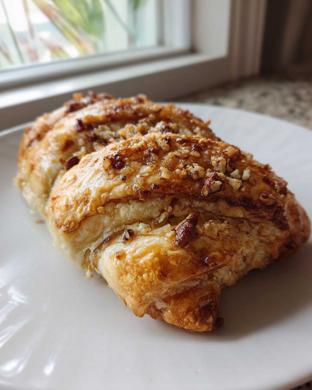 Close-up of golden baked brie in puff pastry topped with caramelized pecans.