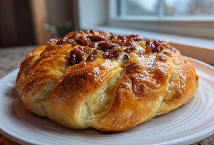 A golden brown baked brie in puff pastry topped with a glistening pecan and honey glaze, served on a white plate.