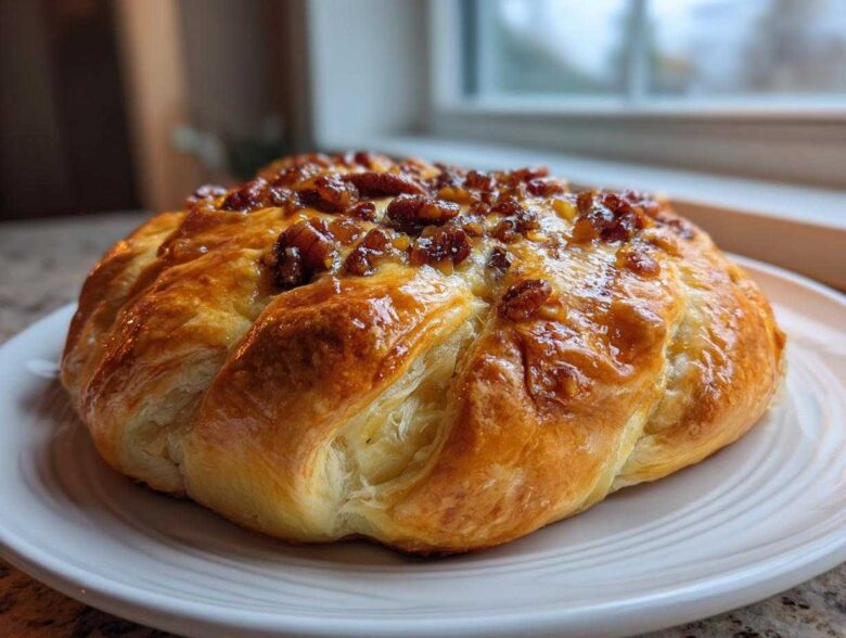 A golden brown baked brie in puff pastry topped with a glistening pecan and honey glaze, served on a white plate.