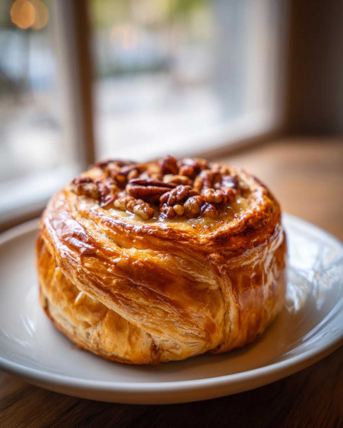 Close-up of golden baked brie in puff pastry topped with glazed walnuts.
