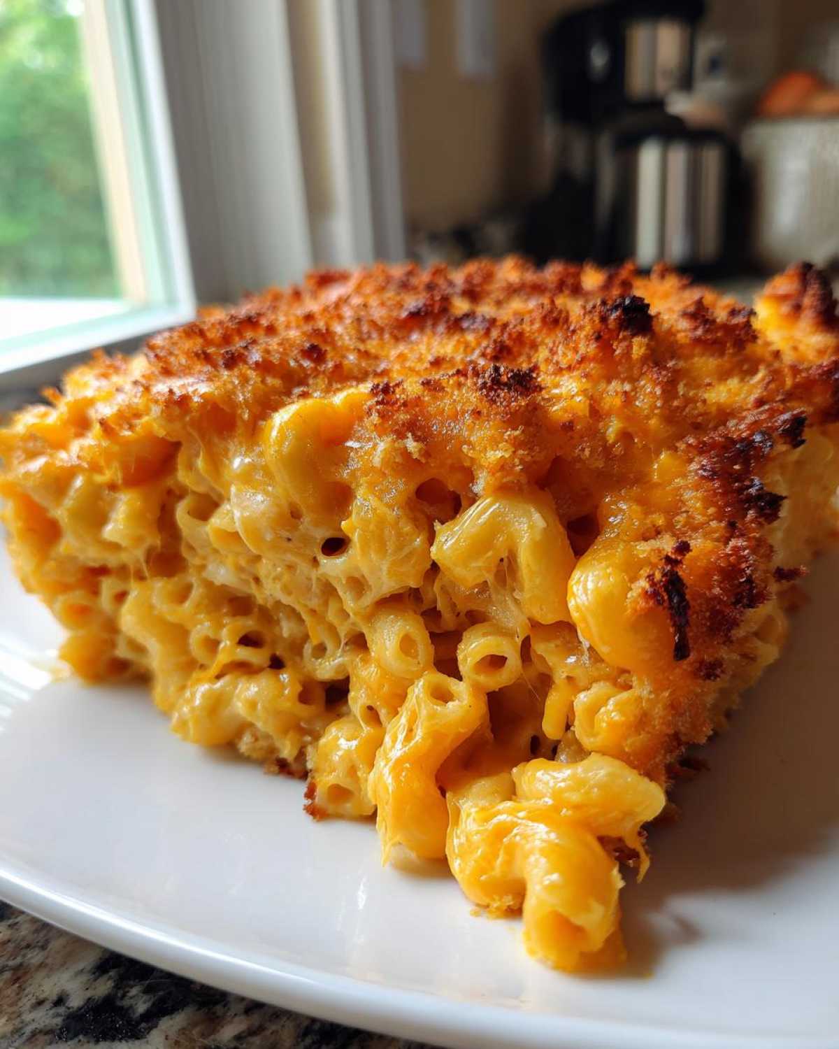A thick slice of creamy baked mac and cheese recipe with a deeply browned, crispy breadcrumb topping.