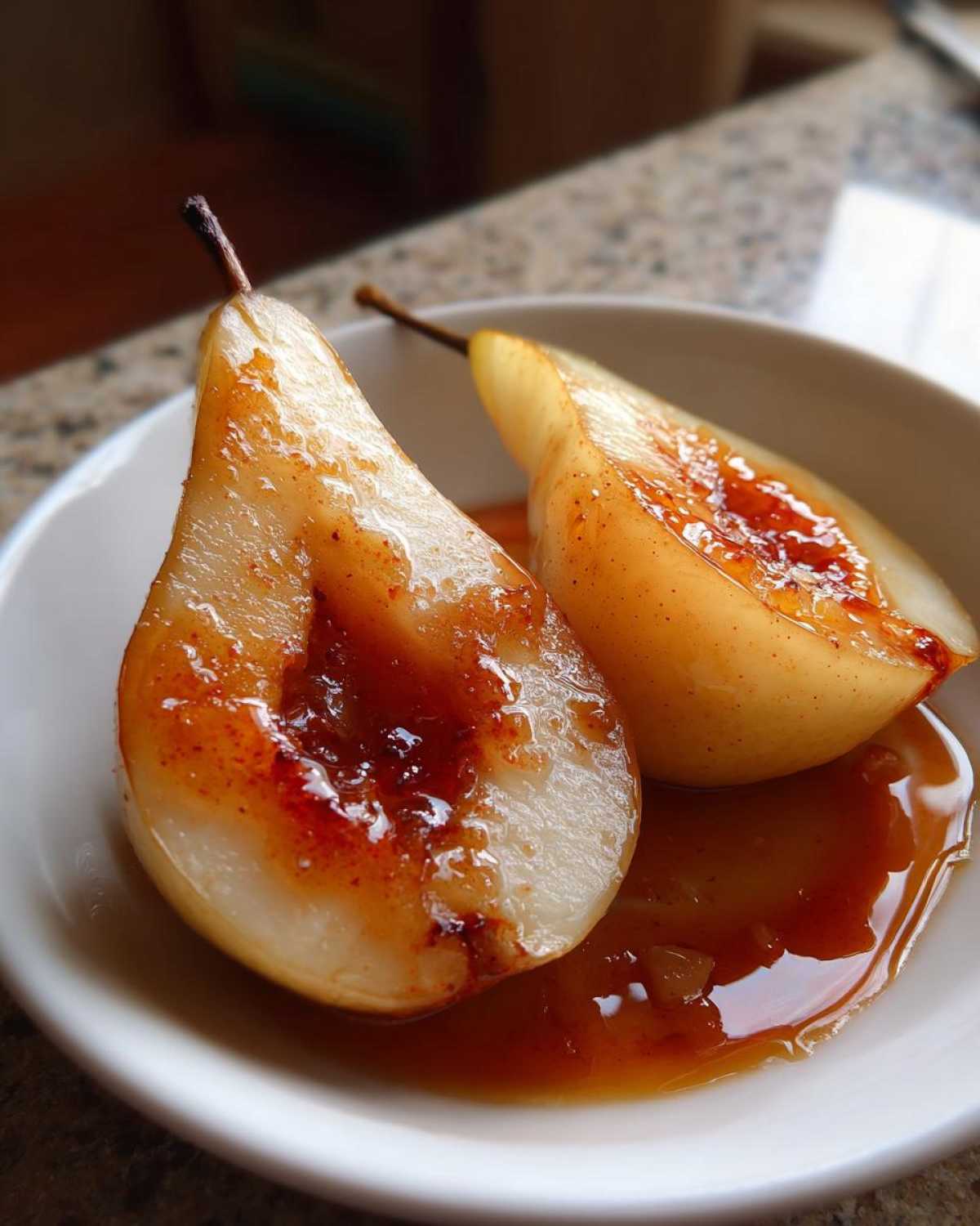 Two halves of perfectly baked pears glistening with a rich, caramelized syrup in a white bowl.