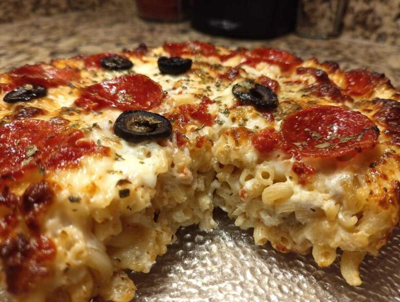 A close-up, cross-section view of a baked pizza pasta casserole, showing macaroni noodles mixed with cheese and topped with pepperoni and olives.