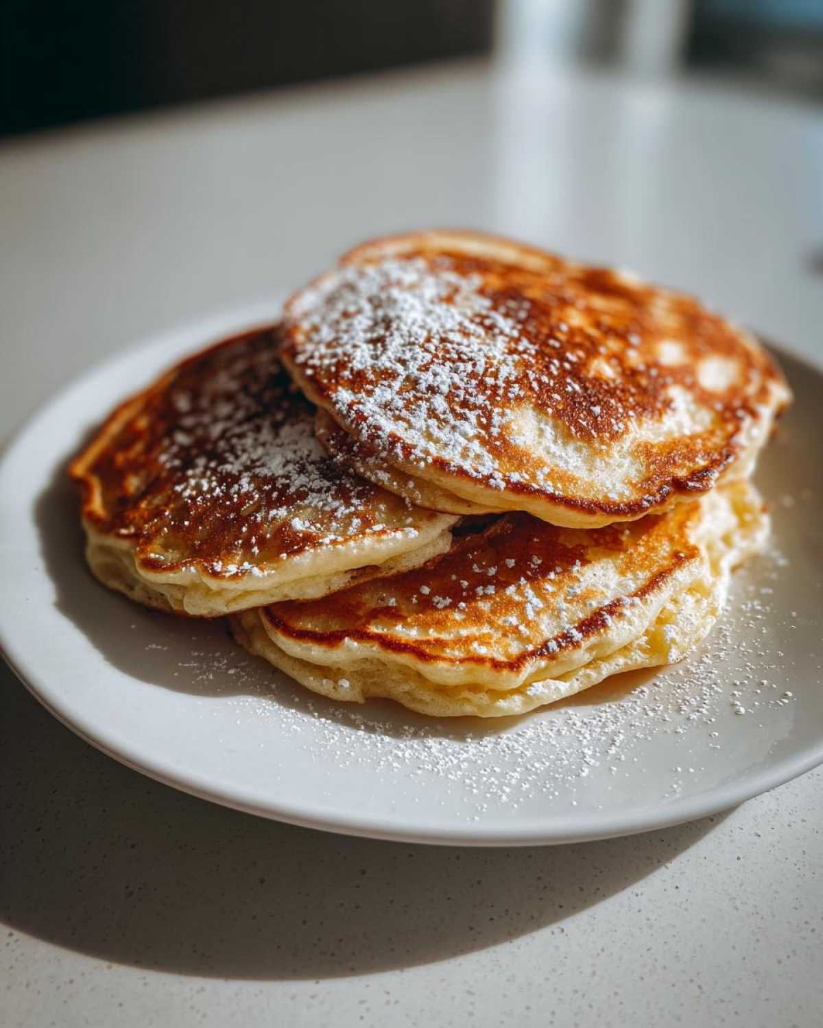 A close-up shot of three fluffy banana pancakes stacked on a white plate, dusted heavily with powdered sugar.