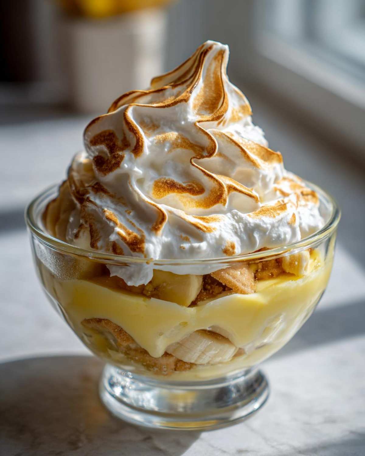 A single serving of rich banana pudding layered with vanilla wafers and bananas, topped with a dramatic swirl of toasted meringue.
