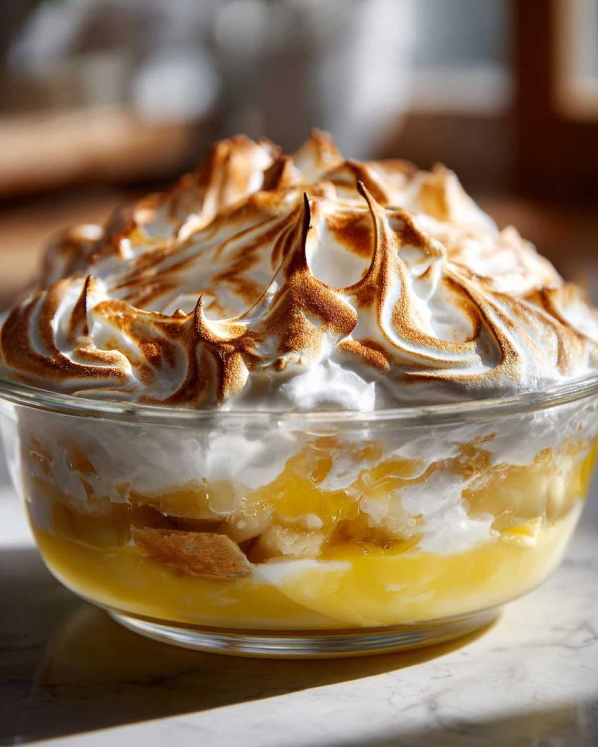 A glass bowl filled with layers of banana pudding, custard, and vanilla wafers, topped with dramatic, toasted meringue peaks.