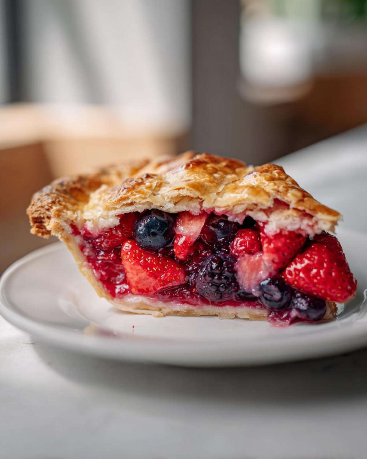 Close-up of a perfect slice of berry pie showing strawberries, blueberries, and blackberries in a flaky crust.