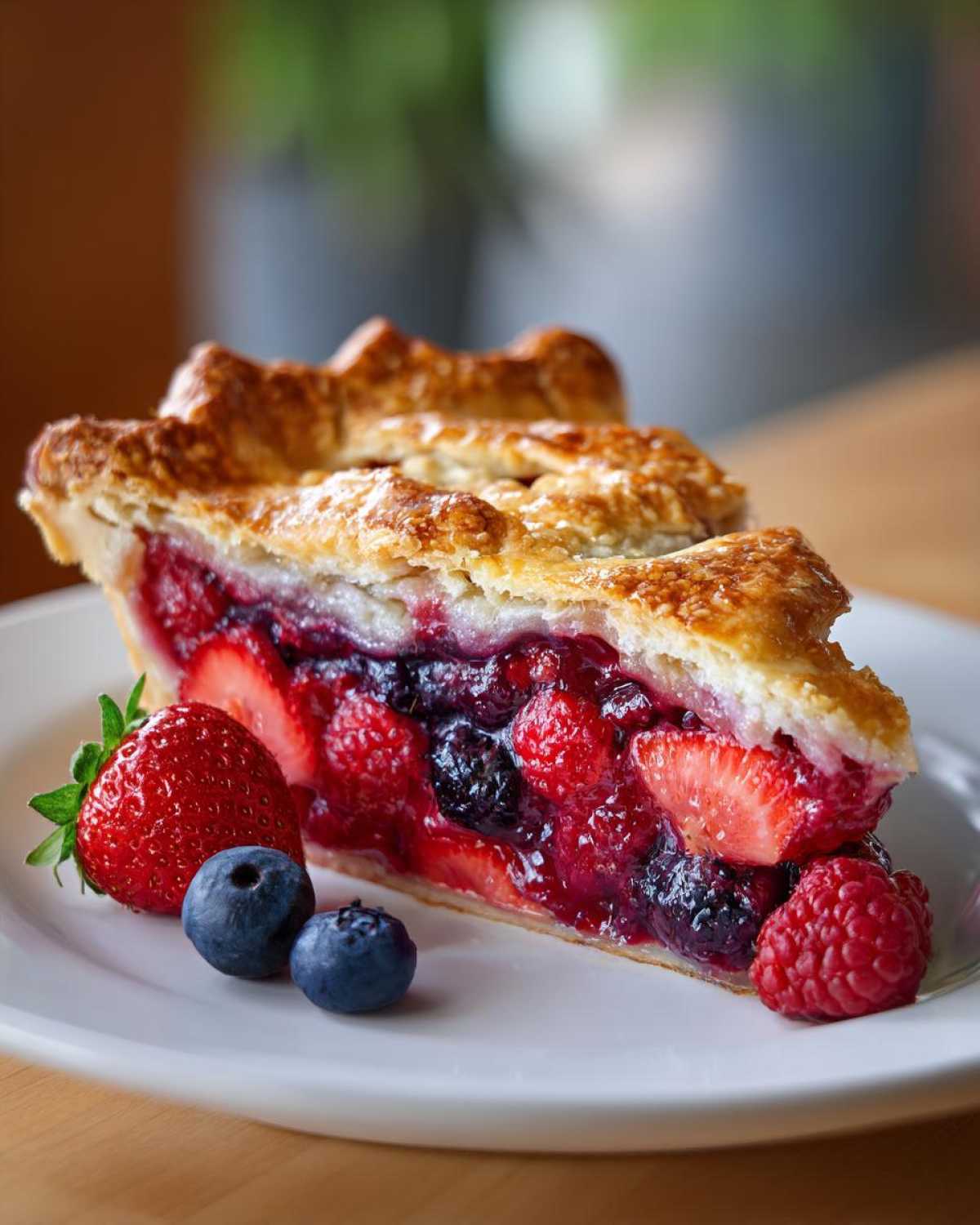 A perfect slice of berry pie showing a rich filling of strawberries, blueberries, and raspberries, served with fresh fruit garnish.