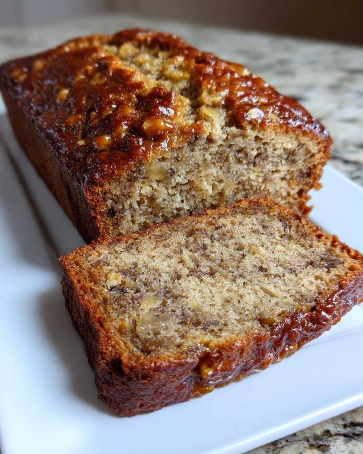 A thick slice cut from the moist loaf of the best banana bread, showing a shiny, caramelized glaze.