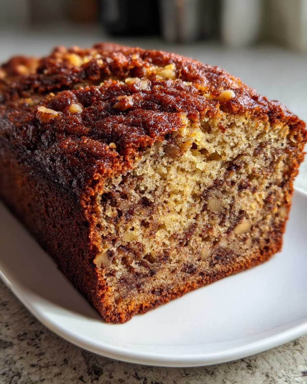 Close-up of a moist slice of the best banana bread, showing a dark, caramelized crust and walnuts throughout the crumb.