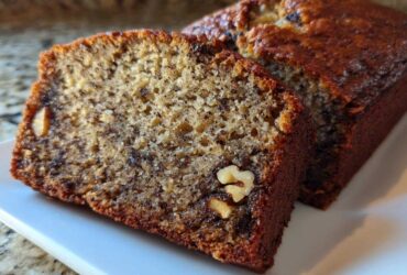 Close-up of a moist slice of the best banana bread, showing walnuts embedded in the crumb.