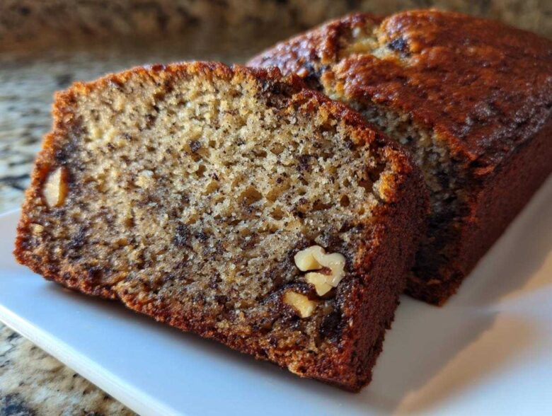 Close-up of a moist slice of the best banana bread, showing walnuts embedded in the crumb.