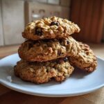 A stack of four golden brown oatmeal cookies, visible raisins, resting on a white plate.