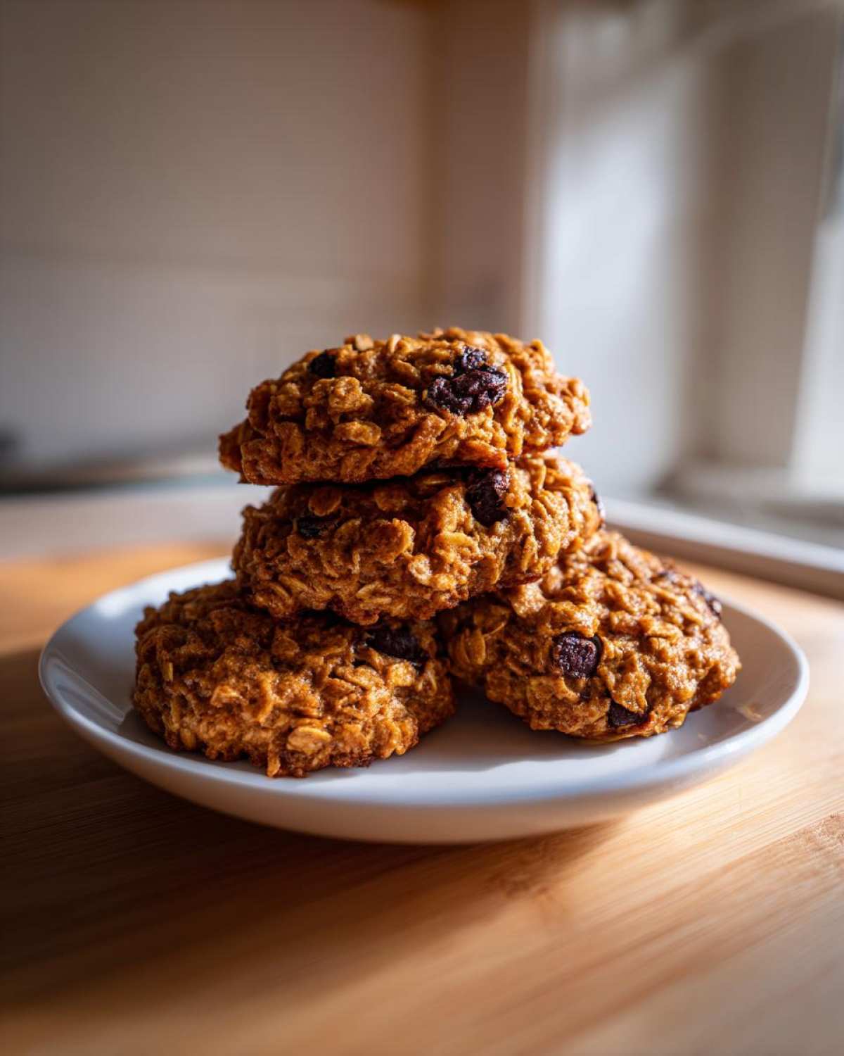A stack of four golden brown oatmeal cookies loaded with raisins, resting on a small white plate.