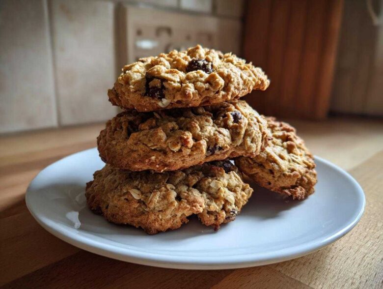 A stack of four golden brown oatmeal cookies, visible raisins, resting on a white plate.