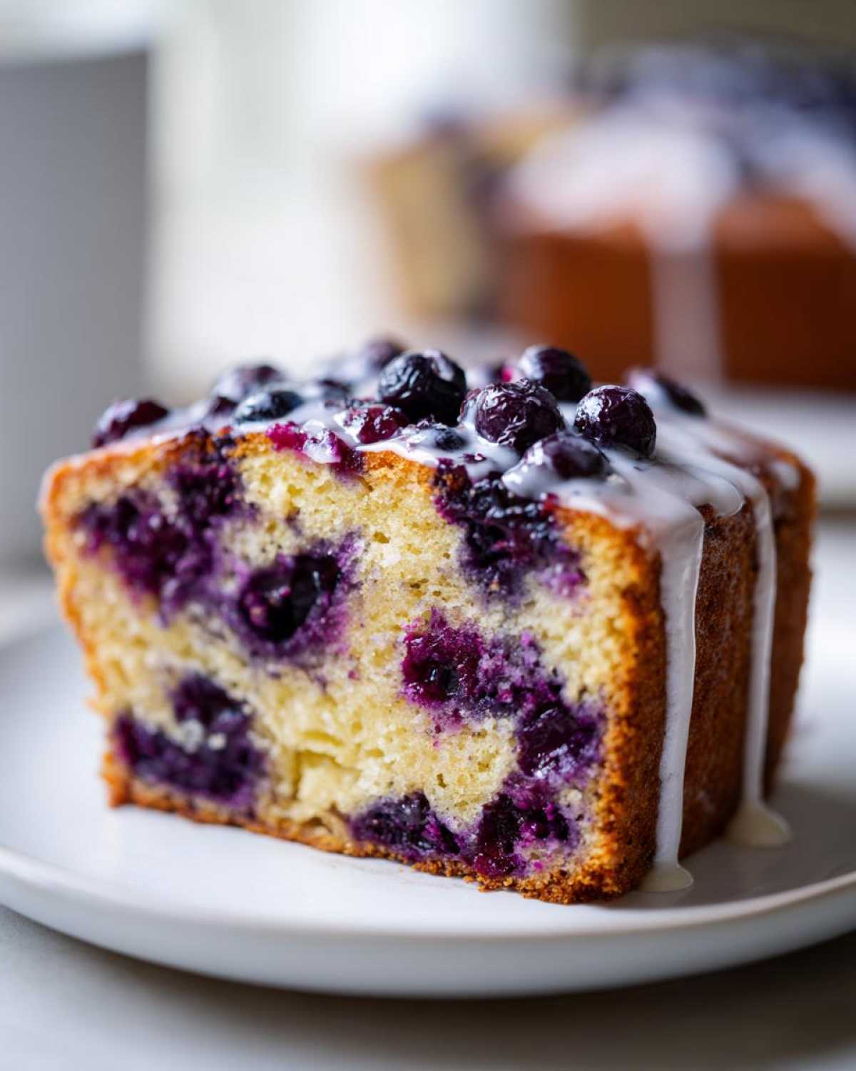 Close-up of a moist slice of blueberry breakfast cake topped with fresh blueberries and white glaze.