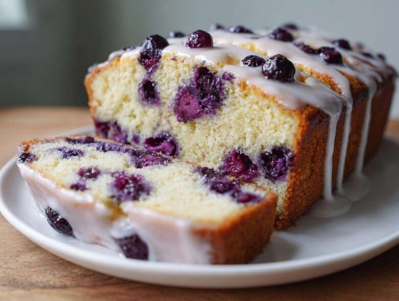 Close-up of a sliced blueberry breakfast cake drizzled with white glaze on a white plate.