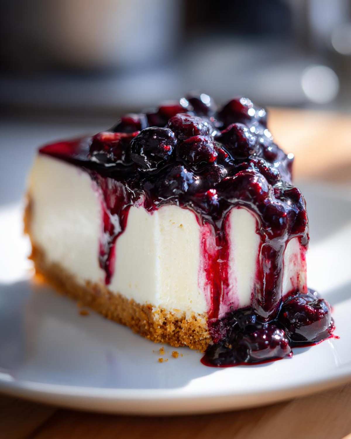 Close-up of a creamy slice of blueberry cheesecake topped with rich, dark blueberry sauce dripping down the sides.