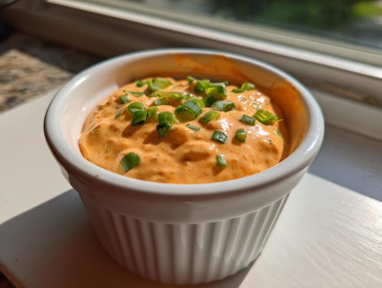 Close-up of a small white ramekin filled with bright orange remoulade sauce, garnished with chopped green onions.