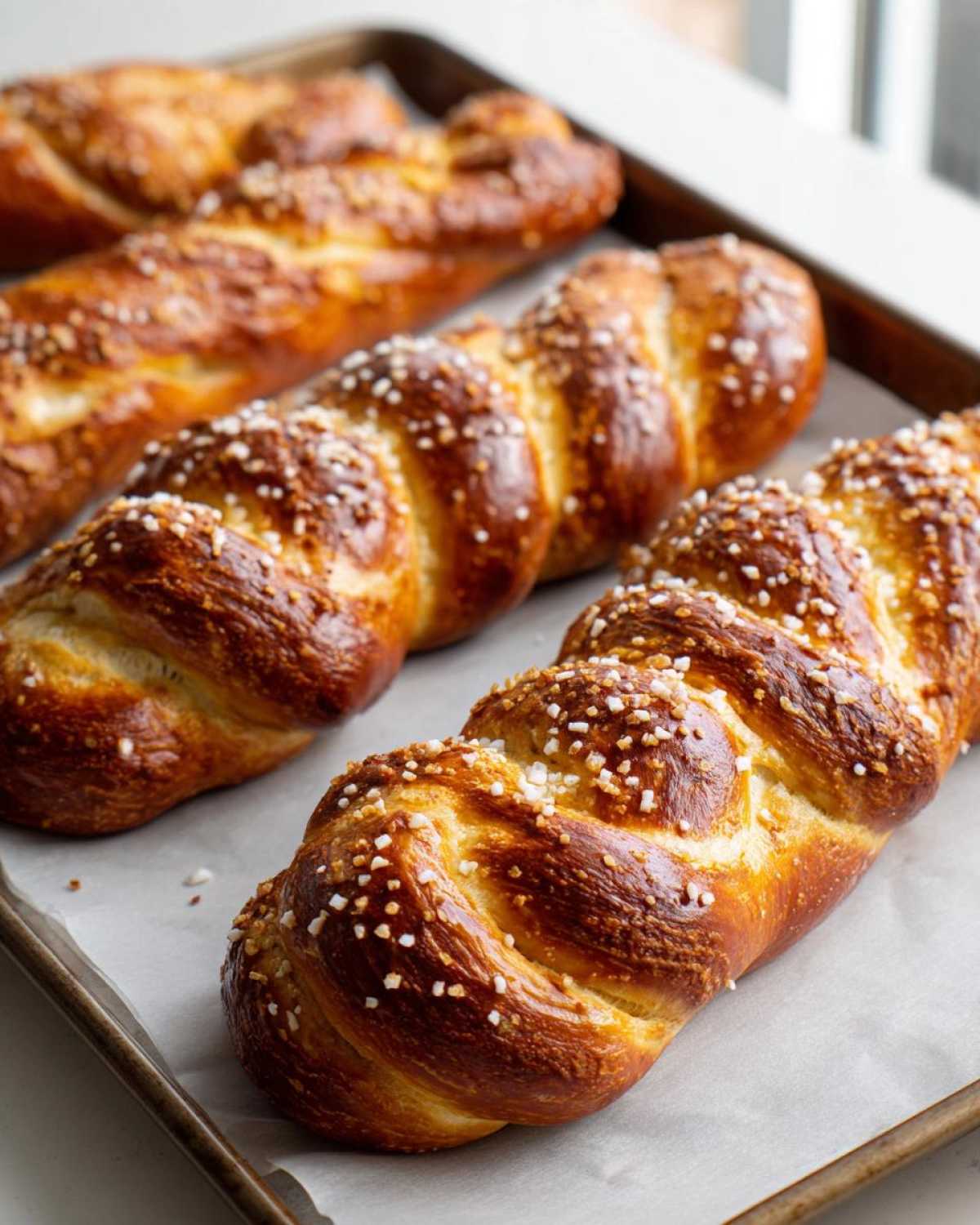 Three golden-brown, braided pretzel dough loaves sprinkled with coarse salt, ready to be made into pretzel dogs.