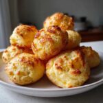 A close-up stack of golden-brown, airy brazilian cheese bread rolls piled high on a light-colored plate.